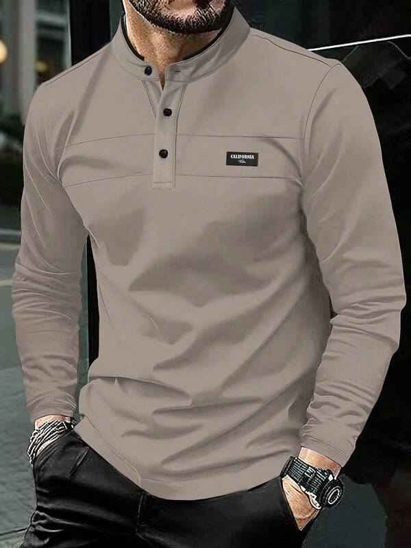 Manfinity Homme Men's Casual Letter Printed Long Sleeve Polo Shirt For Commuting, Autumn Season