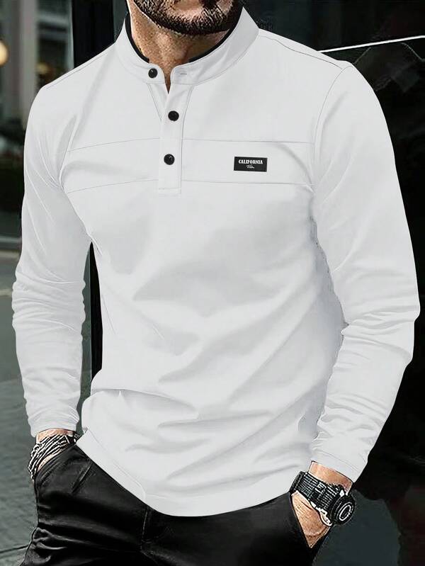 Manfinity Homme Men's Casual Letter Printed Long Sleeve Polo Shirt For Commuting, Autumn Season