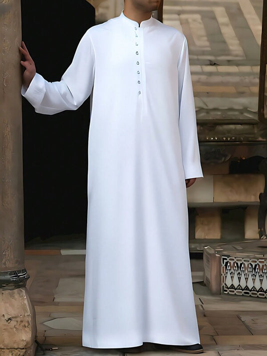 A Solid Color Small Stand Up Collar Casual Button Up Half Cardigan  Muslim Men's Traditional Worship Robe Clothing