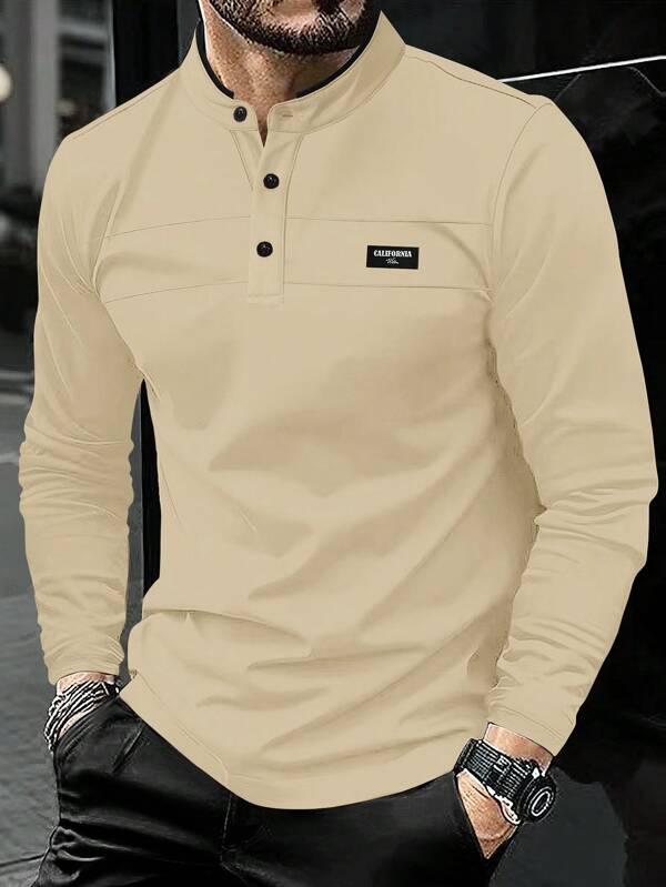 Manfinity Homme Men's Casual Letter Printed Long Sleeve Polo Shirt For Commuting, Autumn Season