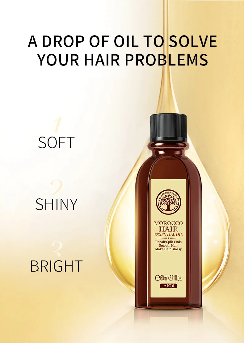 LAIKOU Morocco Hair Essential Argan Essence Oil Moisturizer Brightening Smooth Nourishing Repair Dry Damaged Hair 60ml